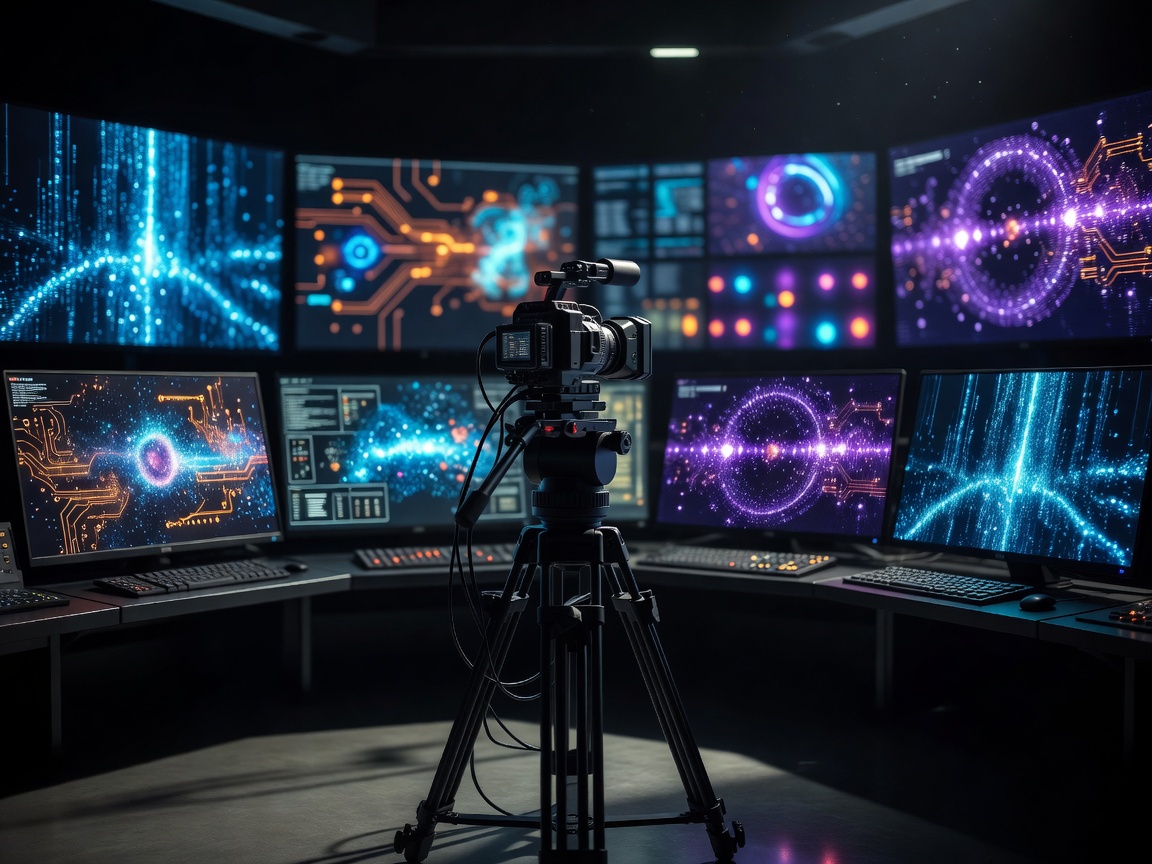 Cinematic camera setup overlooking high tech screens with warm dynamic lighting and custom filters