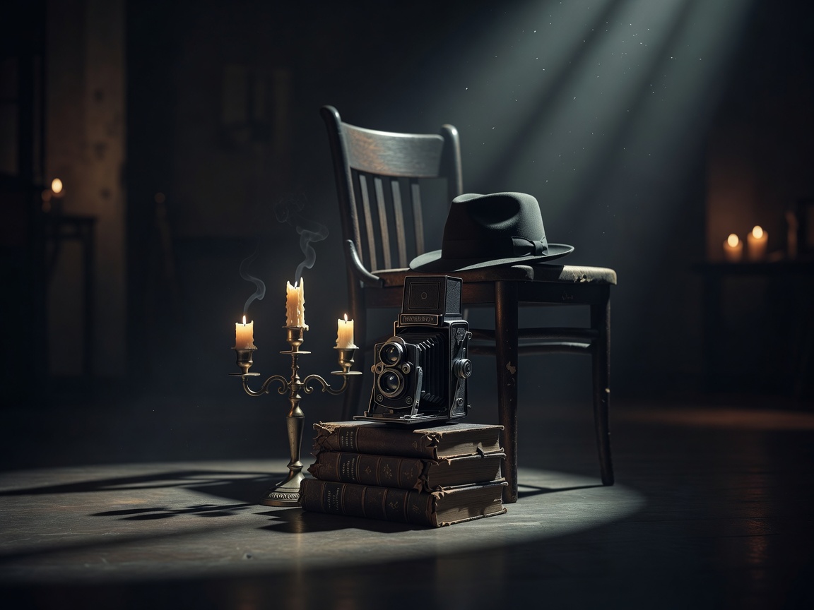 Cinematic moody studio lighting setup displaying professional filming cameras and classical props