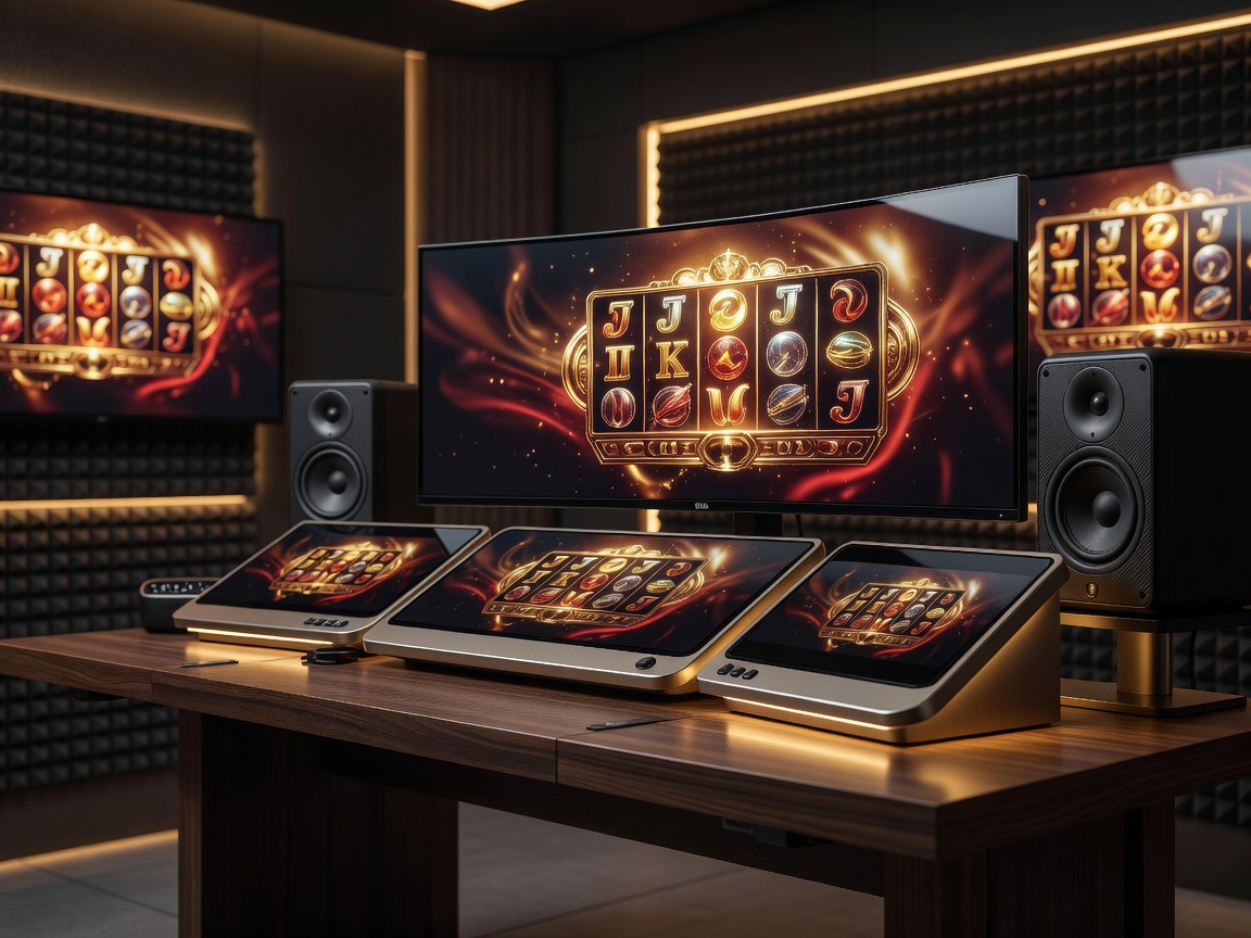 A high-end creative workspace showcasing professional video monitors rendering cinematic slot graphics with warm golden accents