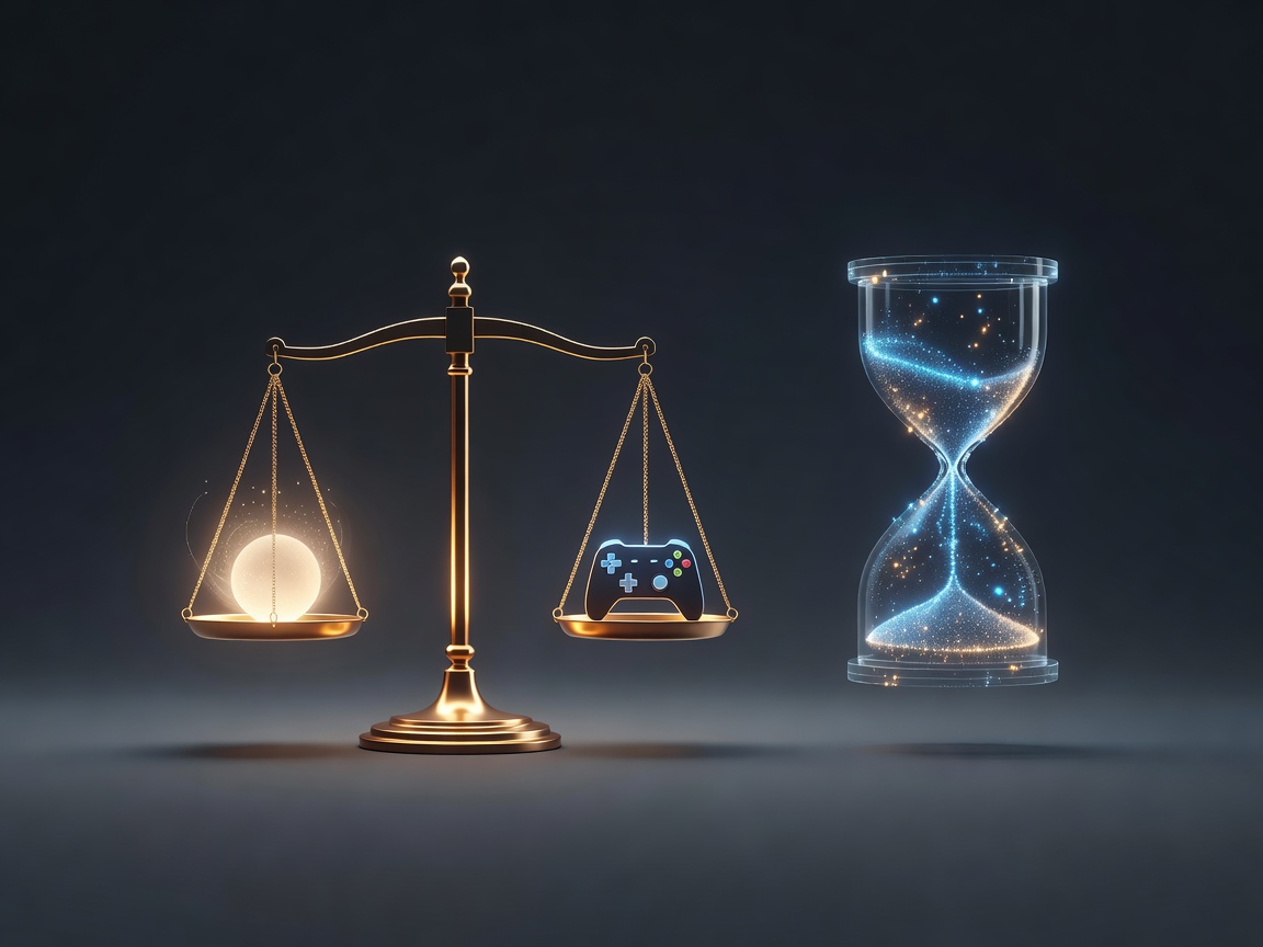 A glowing golden visual balanced scale next to a digital hour glass symbolizing healthy and mindful gaming limits